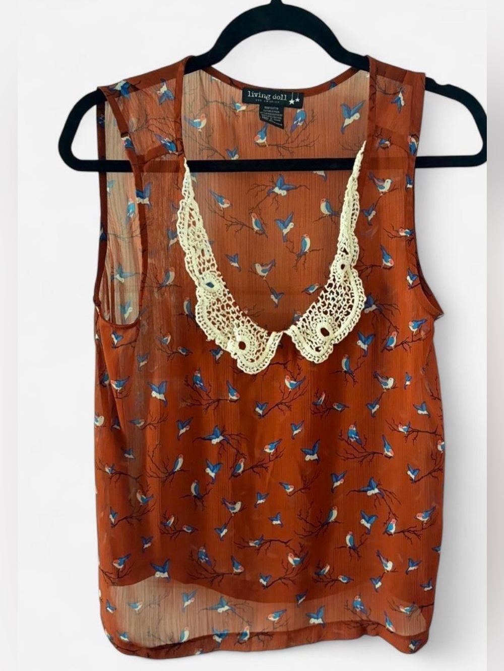 living doll Rust Bird Print Sleeveless Top with Crochet Collar